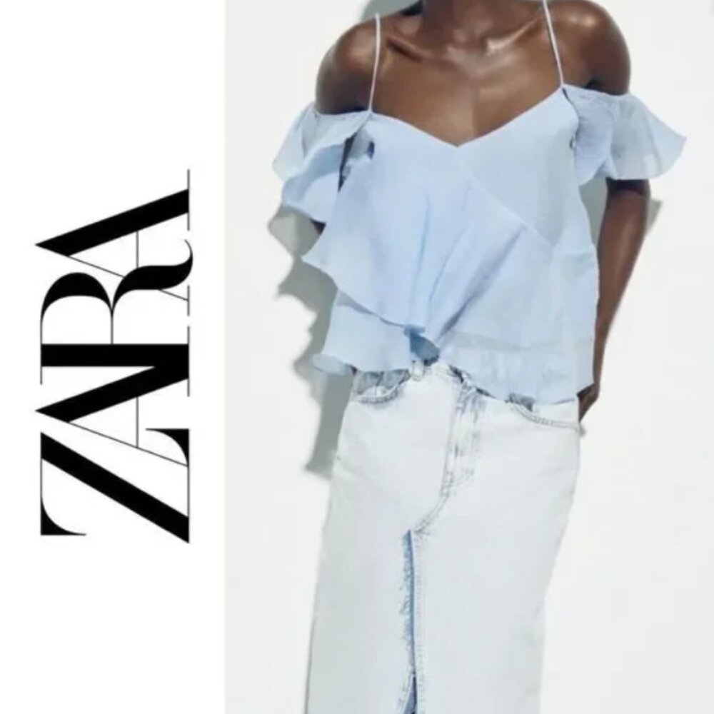 Zara Sky Blue Ruffled Strappy Top XS NWT
